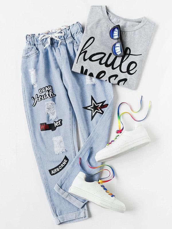 Romwe Roll Hem Drawstring Waist Ripped Jeans
