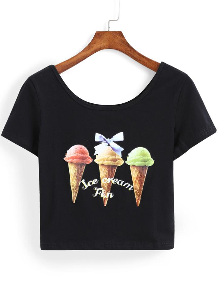 Romwe Ice Cream Print Crop Black T-shirt