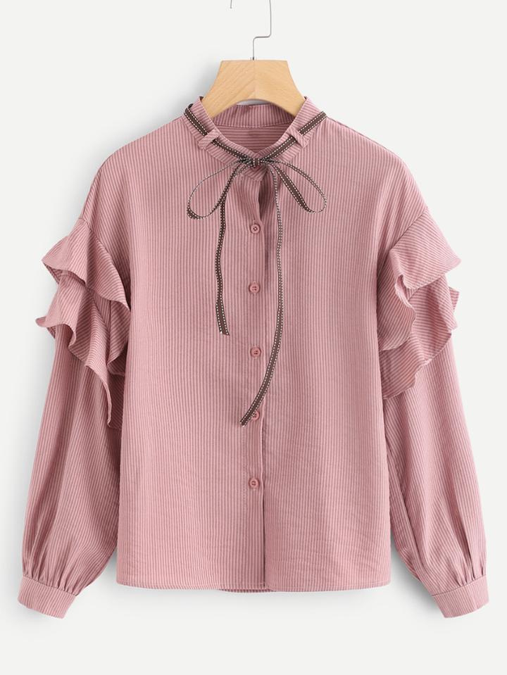 Romwe Tiered Ruffle Trim Tie Neck Striped Blouse
