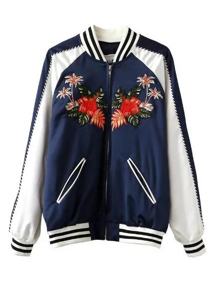 Romwe Navy Rib-knit Cuff Embroidery Stripe Jacket