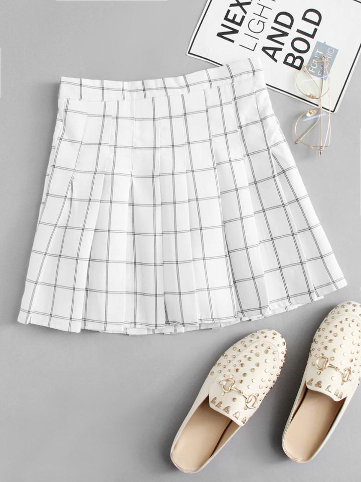 Romwe Pleated Plaid Skirt