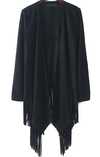 Romwe With Tassel Loose Black Coat