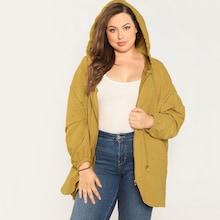 Romwe Plus Raglan Sleeve Curved Hem Hooded Coat