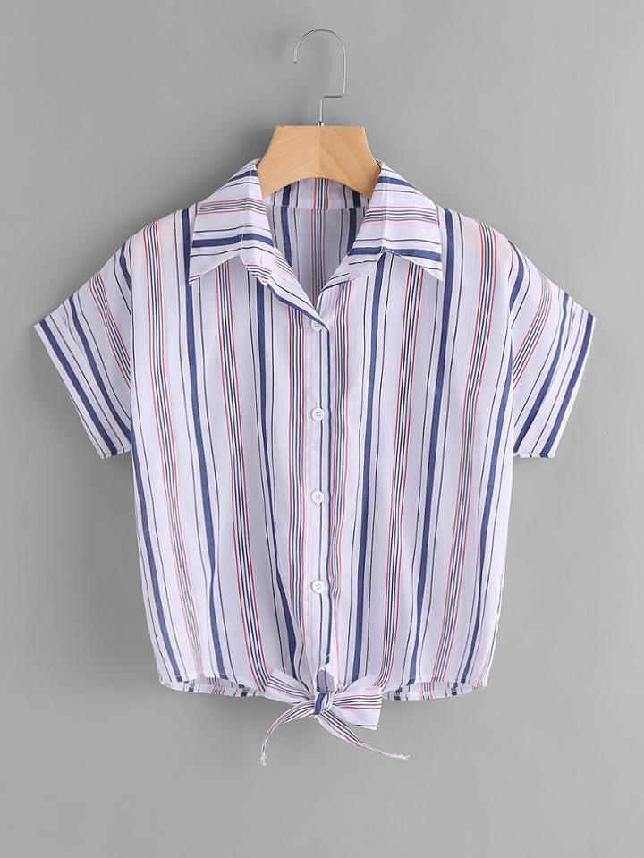 Romwe Striped Knot Front Cuffed Shirt