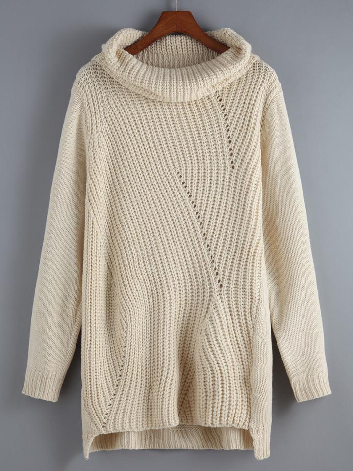 Romwe Turtleneck Dip Hem Apricot Sweater