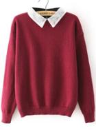 Romwe Lace Lapel Knit Wine Red Sweater