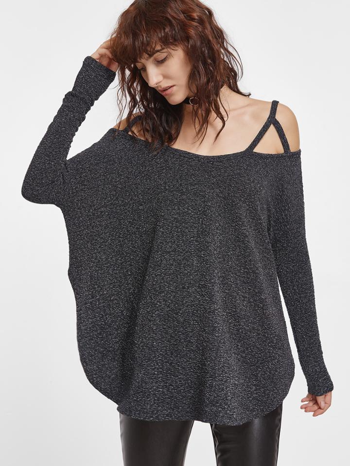 Romwe Dark Grey Cold Shoulder Curved Hem Oversized T-shirt