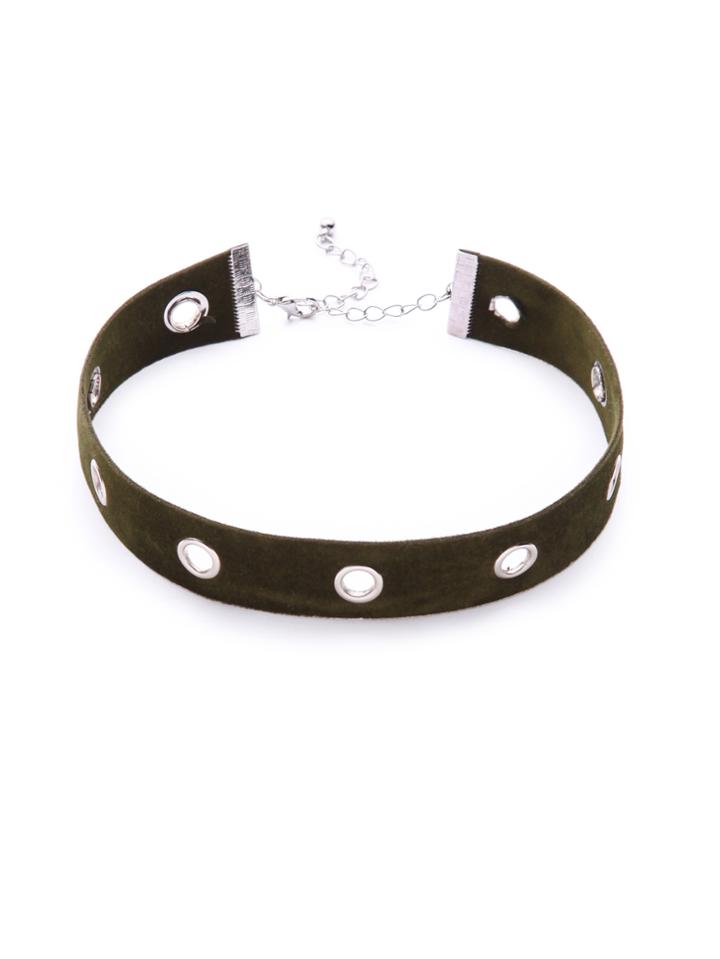 Romwe Olive Green Eyelet Around Velvet Choker