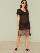 Romwe Fringe Hem Mesh Cover Up