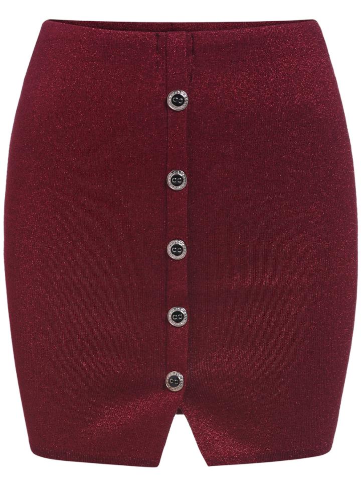 Romwe Red Buttons Knit Bodycon Skirt