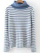 Romwe Blue Striped Turtleneck Casual Knitwear