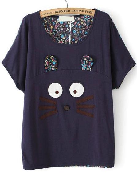 Romwe Cat Pattern Floral Navy T-shirt