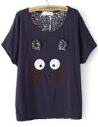 Romwe Cat Pattern Floral Navy T-shirt