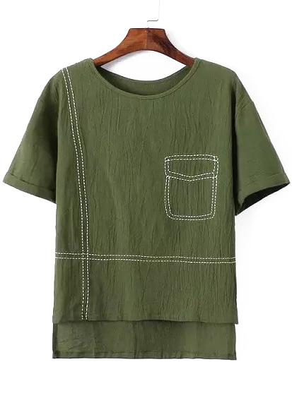 Romwe Dip Hem Pocket Print Army Green Top