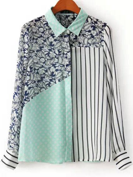 Romwe Green Lapel Floral Polka Dot Striped Blouse