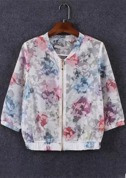 Romwe With Zipper Florals Crop Coat