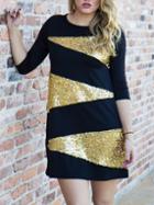 Romwe Black Crew Neck Contrast Sequined Shift Dress
