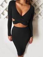 Romwe Deep Plunge Neck Cutout Sheath Black Dress
