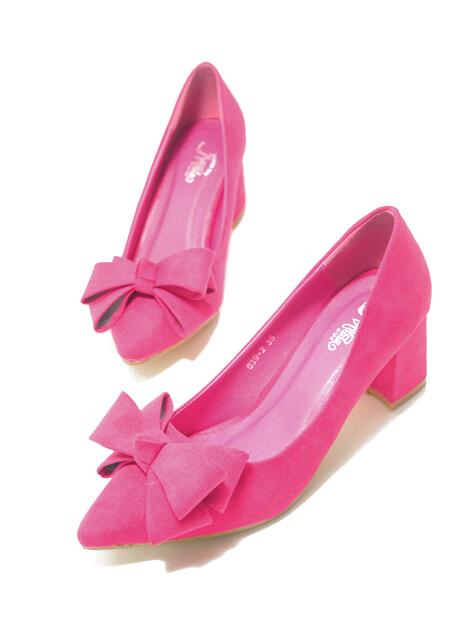 Romwe Rose Red With Bow Mid Heeled Pumps