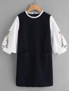 Romwe Frilled Neck Contrast Embroidered Lantern Sleeve Dress