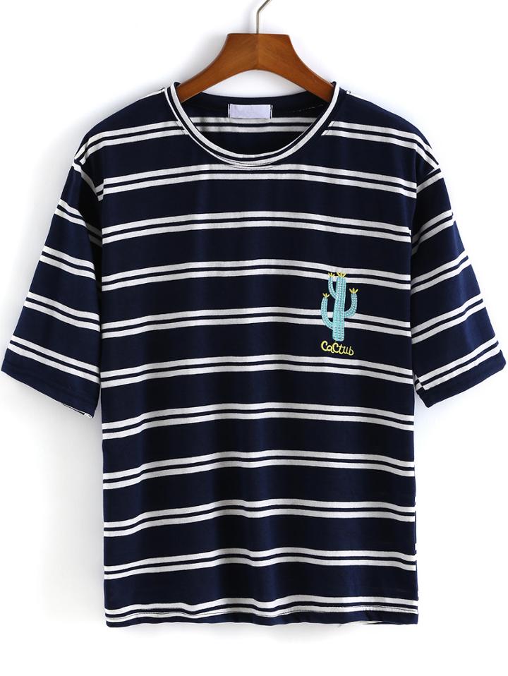 Romwe Navy Striped Cactus Embroidered Loose T-shirt
