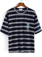 Romwe Navy Striped Cactus Embroidered Loose T-shirt