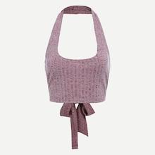 Romwe Tie Front Ribbed Halter Top