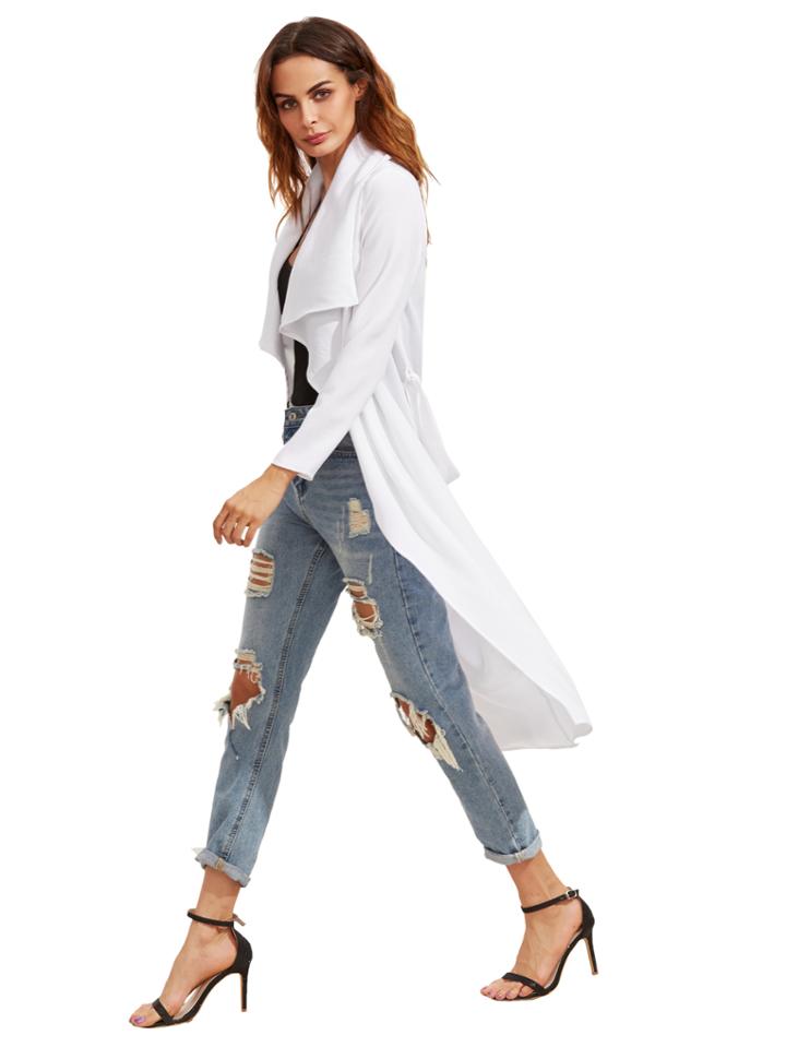 Romwe White Draped Collar Duster Coat