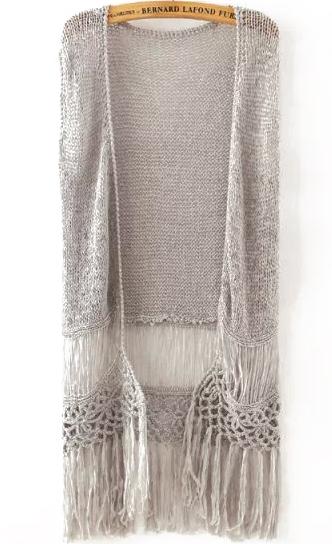 Romwe With Tassel Crochet Grey Cardigan