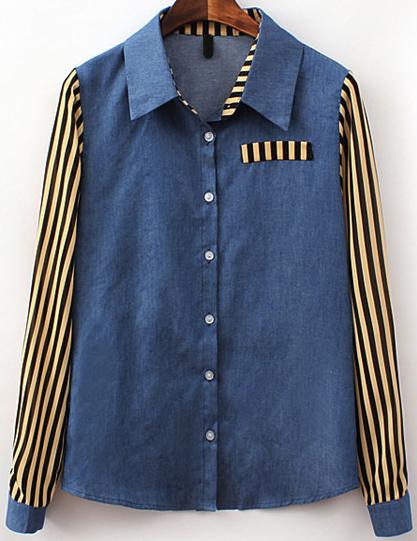 Romwe Vertical Stripe Denim Blouse