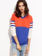 Romwe Color Block V Neck Sweatshirt With Sequin Detail