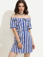 Romwe Contrast Vertical Striped Self Tie Single-breasted Embroidered Dress