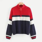 Romwe Zip Placket Color Block Sweater