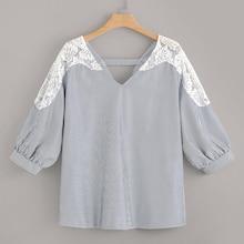 Romwe Plus Double V Neck Lace Insert Striped Top