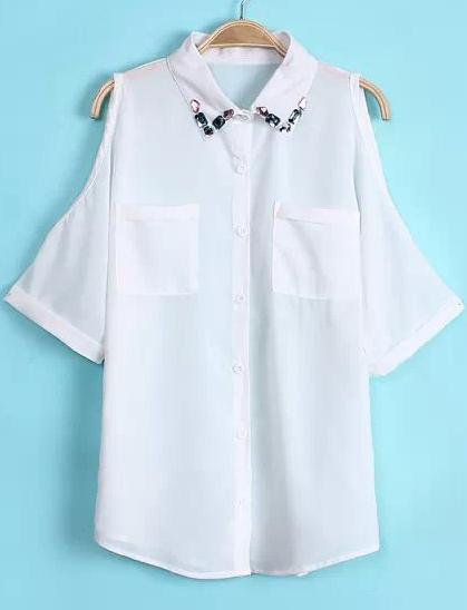 Romwe White Off The Shoulder Rhinestone Chiffon Blouse