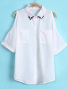 Romwe White Off The Shoulder Rhinestone Chiffon Blouse