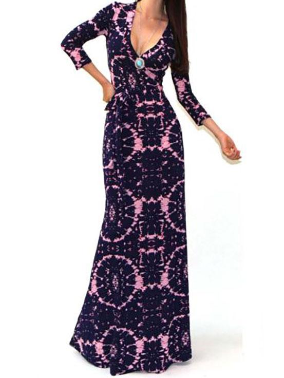 Romwe Deep V Neck Print Belt Maxi Dress