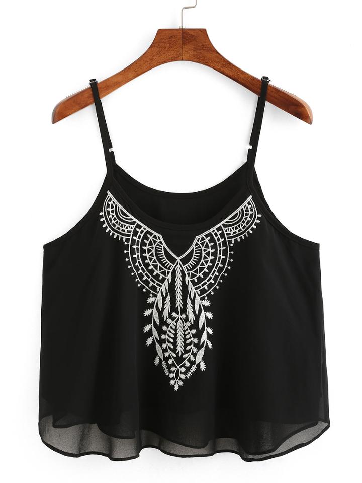 Romwe Embroidery Chiffon Cami Top - Black