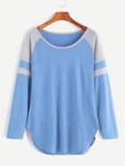 Romwe Blue Contrast Raglan Sleeve Curved Hem T-shirt