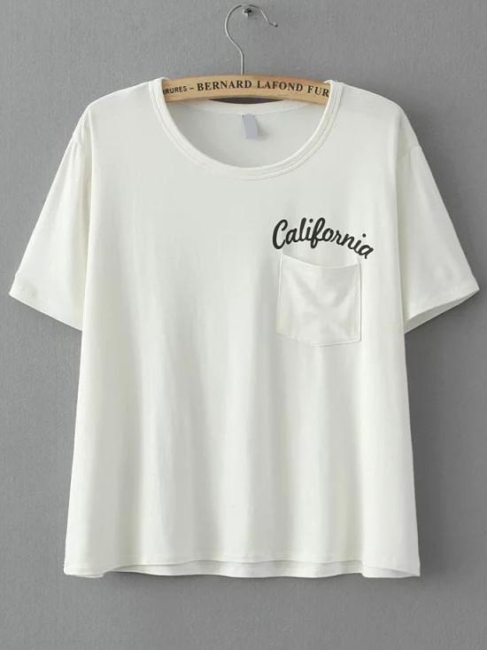 Romwe Letters Print Pocket Beige T-shirt