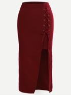 Romwe Burgundy Lace Up High Split Knit Skirt
