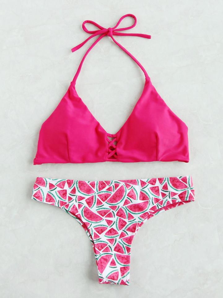 Romwe Watermelon Print Criss Cross Triangle Bikini Set