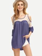 Romwe Open Shoulder Embroidered Mesh Insert Top