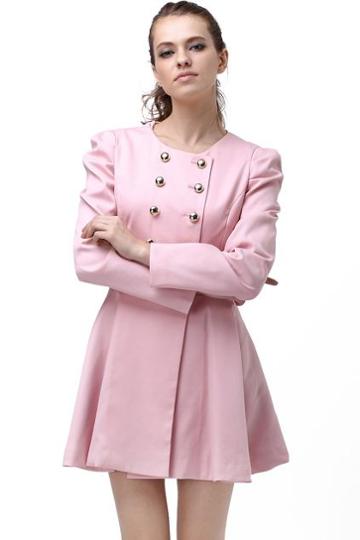 Romwe Double-breasted Skirt Hem Design Pink Trench-coat