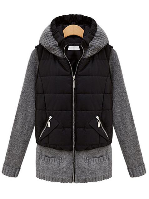 Romwe Hooded Zipper Pockets Black Coat