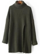 Romwe Turtleneck Split Loose Army Green Sweater Dress