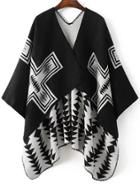 Romwe Black Geometric Pattern Asymmetrical Hem Cape Sweater