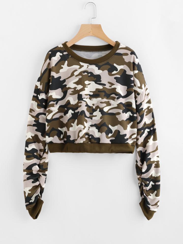 Romwe Drop Shoulder Shirred Sleeve Camo Sweatshirt