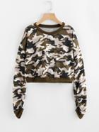 Romwe Drop Shoulder Shirred Sleeve Camo Sweatshirt