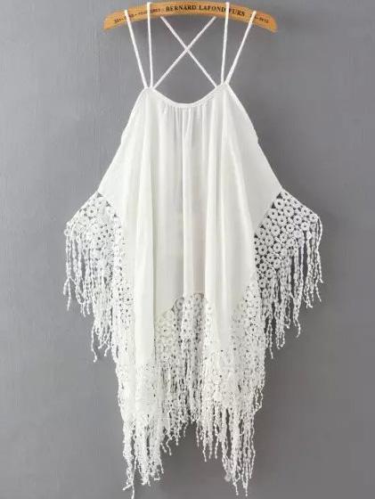 Romwe Spaghetti Strap Lace Crochet Tassel White Top